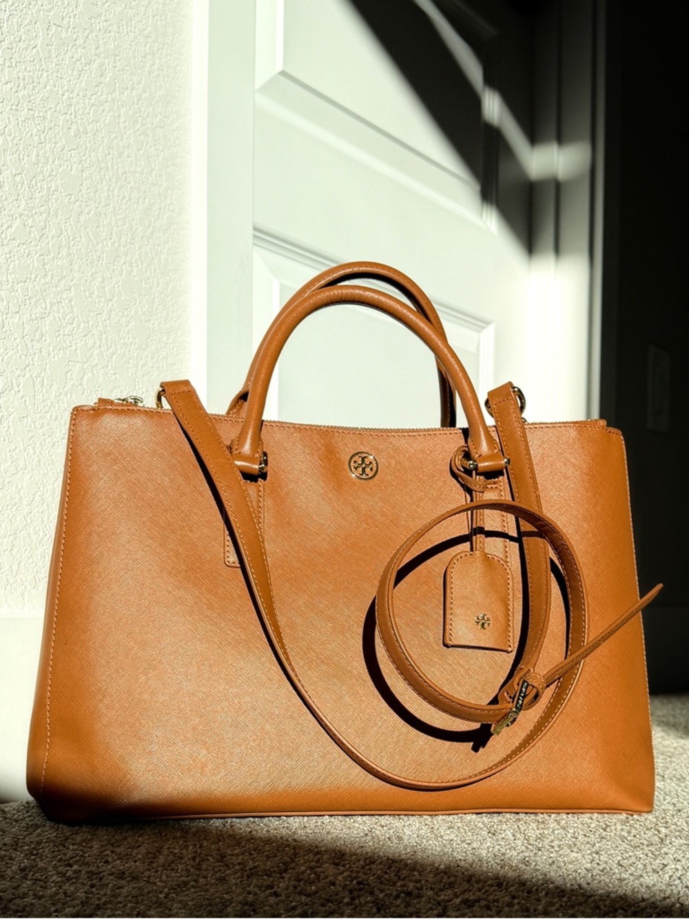 Tory Burch Large Saffiano Leather Satchel Work Bag with Detachable Strap